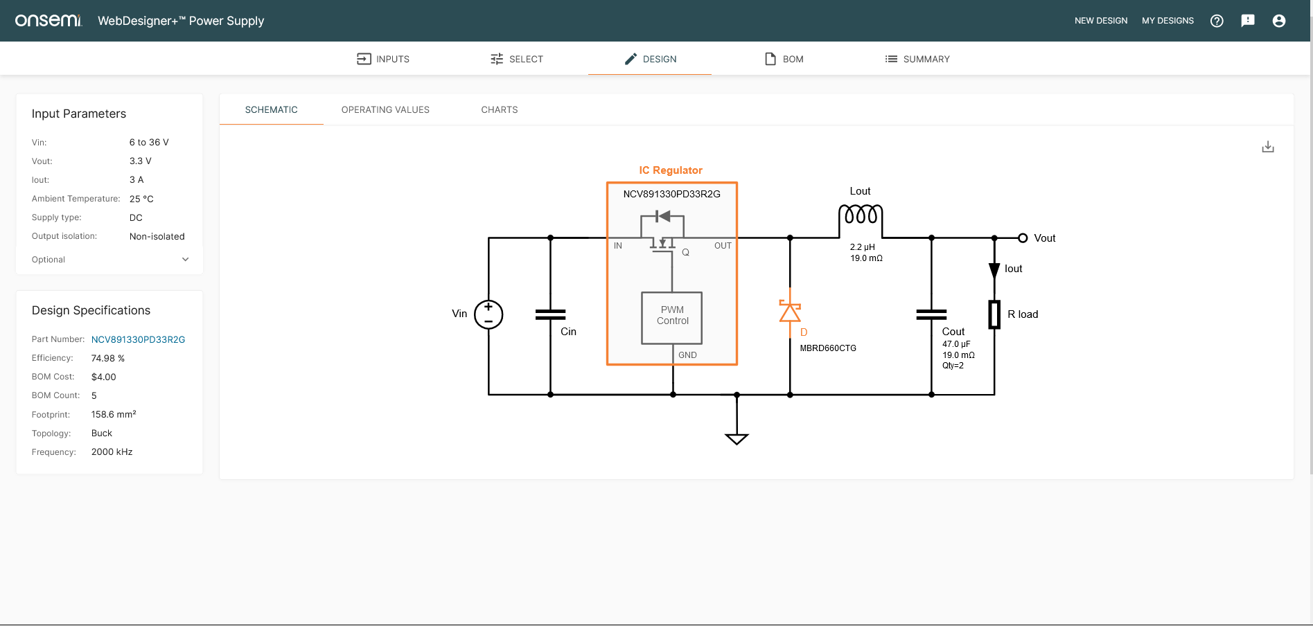 DESIGN tab showing the schematic in the WebDesigner+ Power Supply.